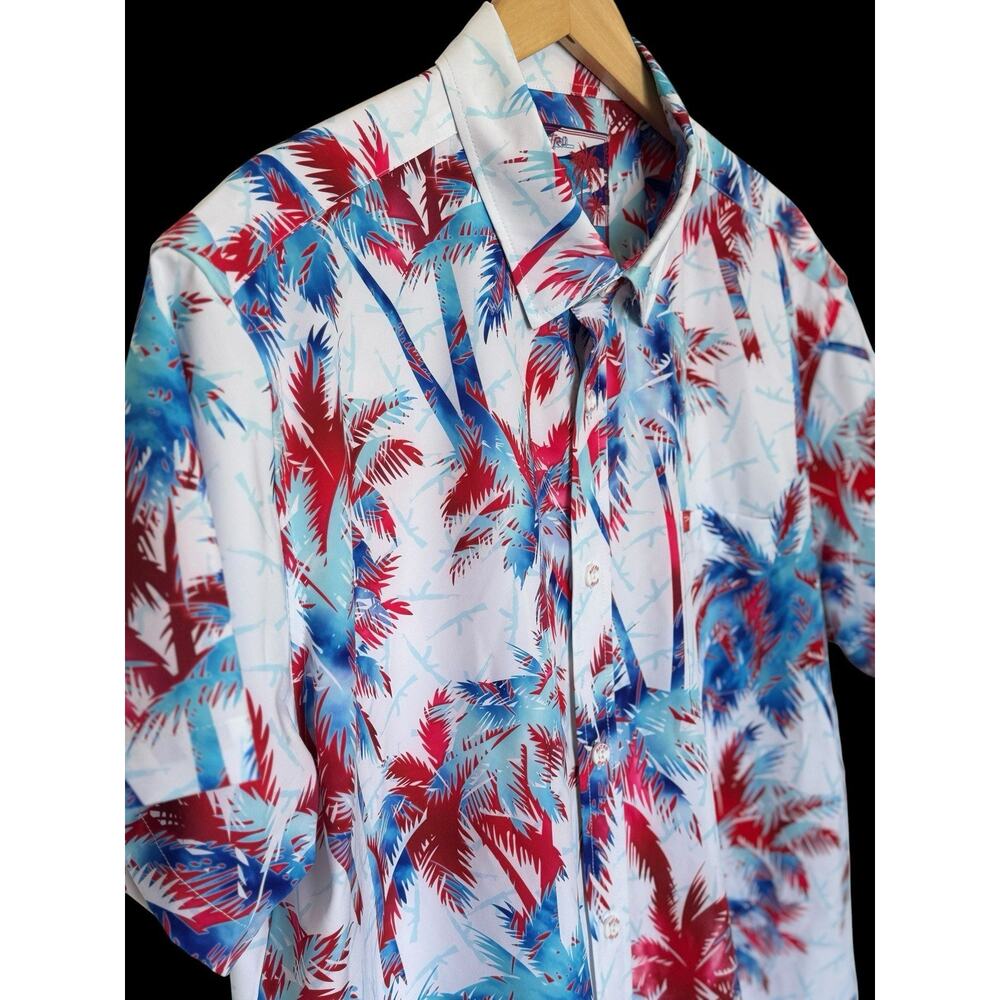 Retro Rifle AKs & Vacays Button Up Shirt Mens XL Red White Blue Hawaiian USA - Picture 2 of 11